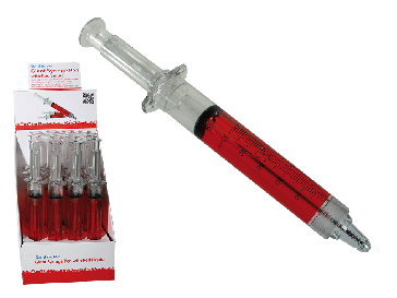 Giant syringe pen with red liquid