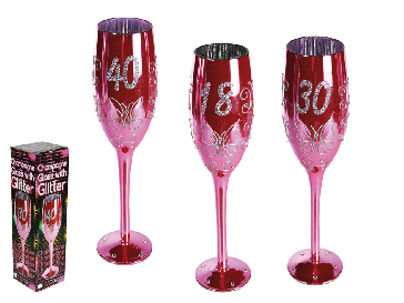 Pink coloured champagne glass with silver glitter lettering