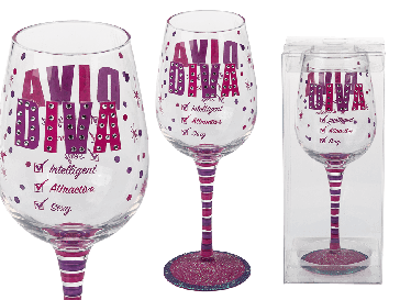 Wine glass with pink coloured writing