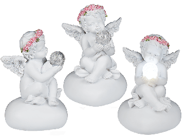 Sitting polyresin angel with rose coloured rosary & white LED ball (incl. batteries) ca. 6 x 8