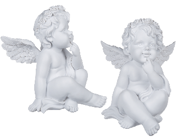 Sitting polyresin angel with white coloured rosary