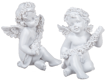 Sitting Polyresin angel with white coloured rosary & rose garland
