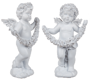 Standing Polyresin angel with white coloured rosary & rose garland