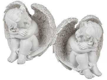 Sitting polyresin angel in  wing with silver coloured glitter finish
