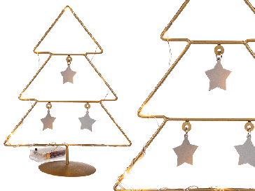 Gold coloured metal tree with silver coloured star deco & 10 warm white LED
