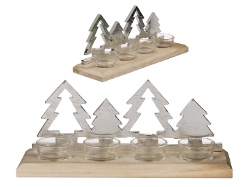 Polyresin-Christmas tree with 4 glass tealight holder on wooden base