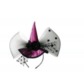 Plastic halloween hairband with purple coloured hat & black net & rose