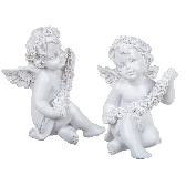 Sitting Polyresin angel with white coloured rosary & rose garland