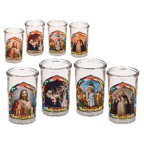 Candle in glass with religious designs