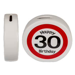 Ceramic money bank with Happy Birthday 30