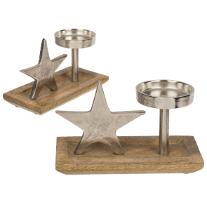 Metal candle try with star on wooden base