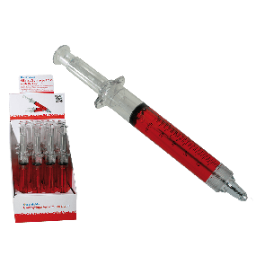 Giant syringe pen with red liquid