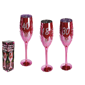 Pink coloured champagne glass with silver glitter lettering