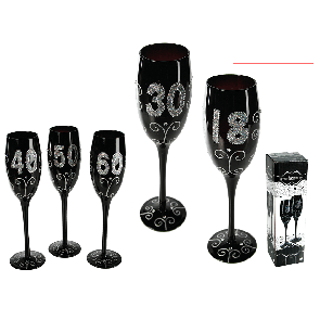 Black champagne glass with silver glitter lettering