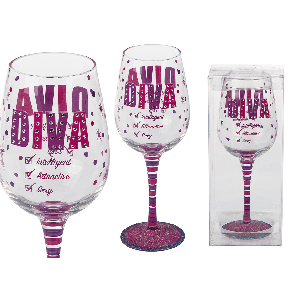 Wine glass with pink coloured writing