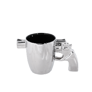 Silver stoneware mug with revolver handle