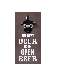 Metal bottle opener on wooden board with magnet