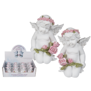 Kneeing Polyresin angel with pink coloured rosary & flowers