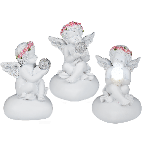 Sitting polyresin angel with rose coloured rosary & white LED ball (incl. batteries) ca. 6 x 8