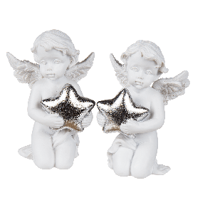 Kneeling polyresin angel with silver coloured star