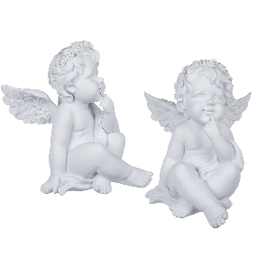 Sitting polyresin angel with white coloured rosary