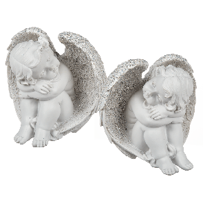 Sitting polyresin angel in  wing with silver coloured glitter finish