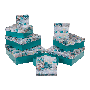 Blue gift boxes with snowman & christmas tree