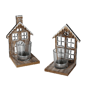 Wooden house with gllass tealight holder