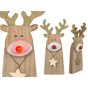 Wooden - reindeer with red glowing LED nose (incl. battery) 