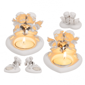 Polyresin heart tealight holder with double angel & crystal heart